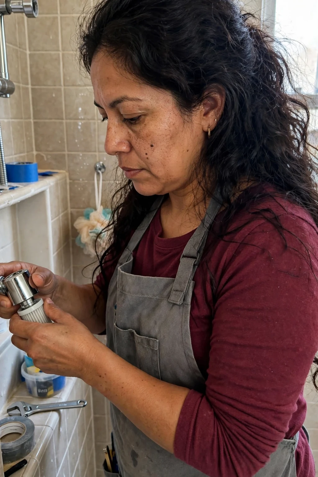 A middle-aged Latina woman with long thick dark hair fitting a new shower filter head in a tiled bathroom.