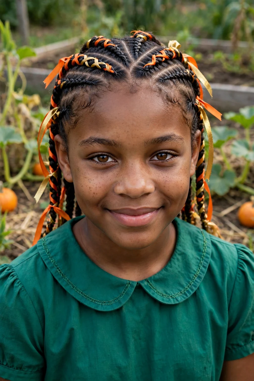 A girl with neat cornrows threaded with orange and gold ribbons, in a school garden with pumpkins.