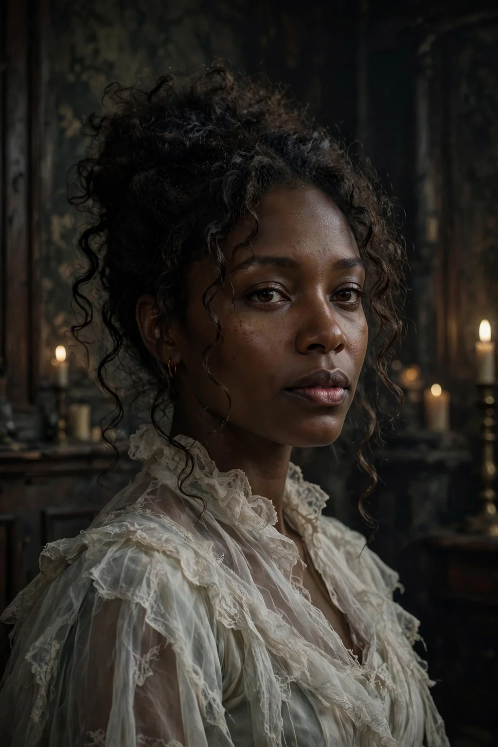 Young Black woman with a curly updo and a haunted mansion ghost costume.