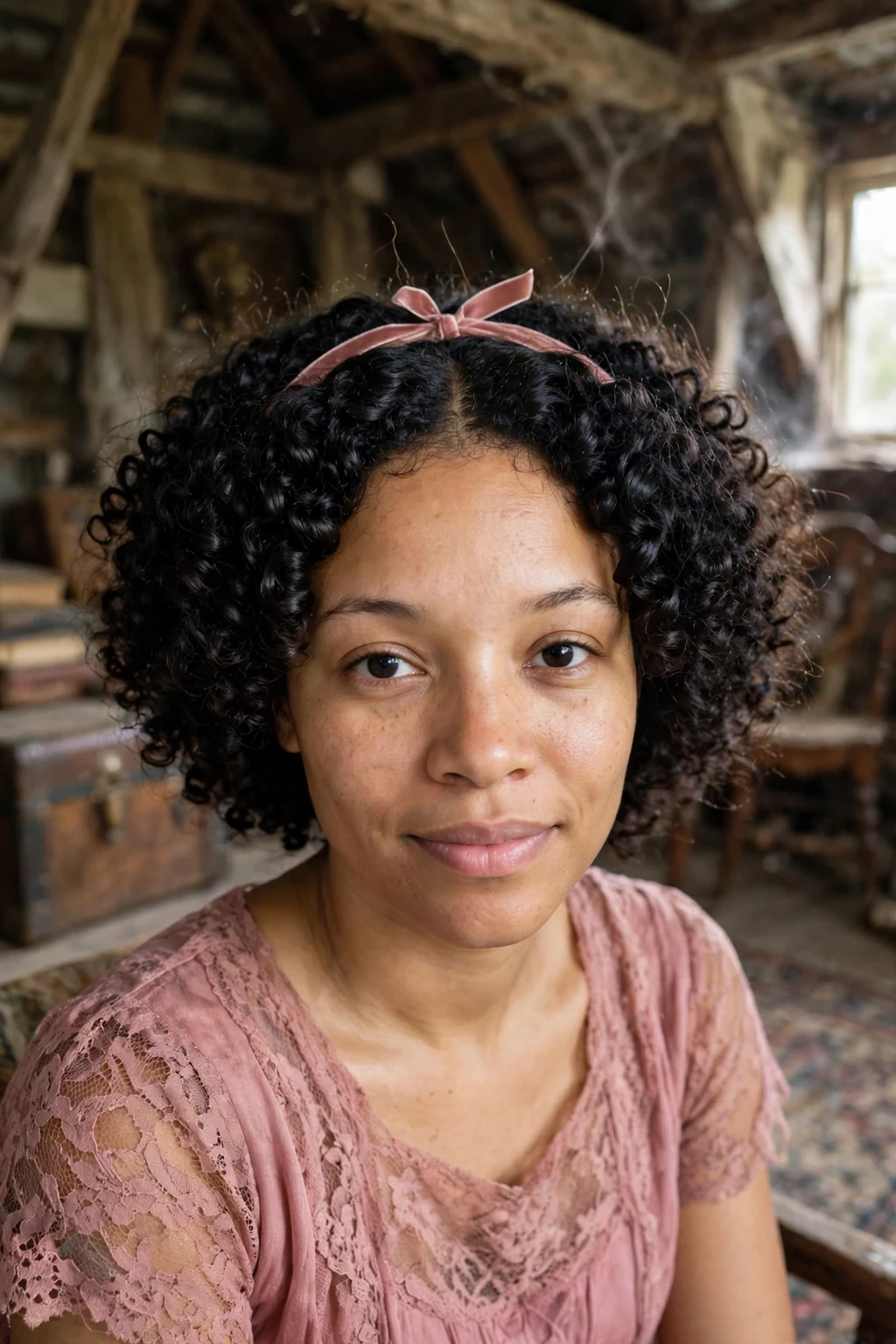 Young Black woman with haunted doll ringlet curls and a vintage doll costume at a Halloween party.