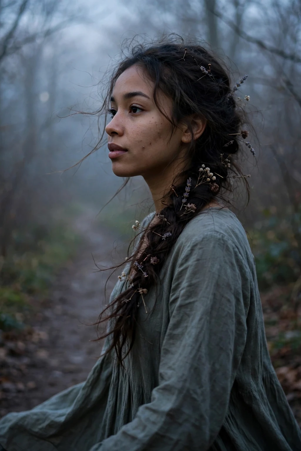 Young Black woman with a haunted graveyard messy fishtail braid over one shoulder at a Halloween party.