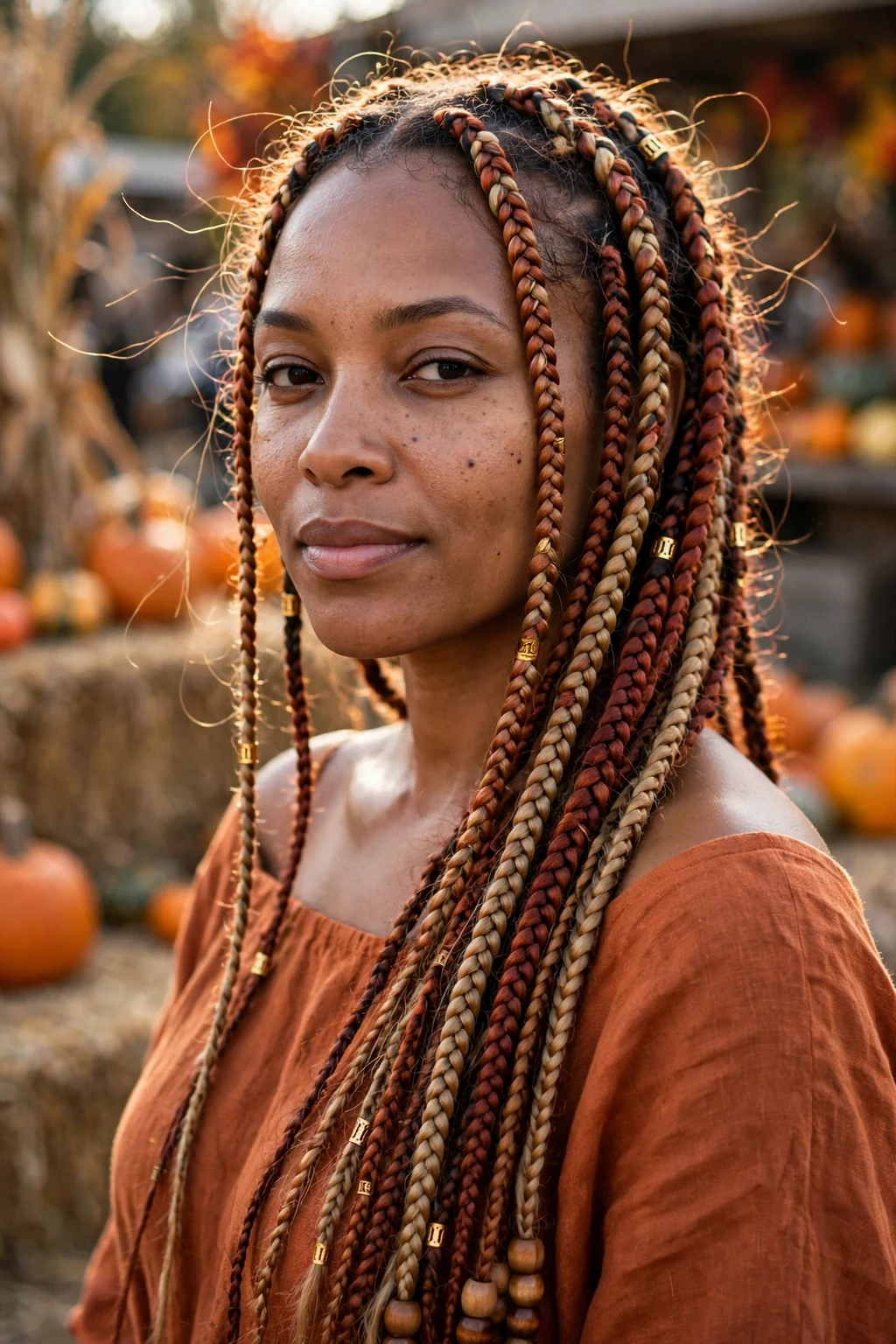 Young Black woman with long haunted harvest goddess braids decorated with autumn charms at a fall Halloween party.