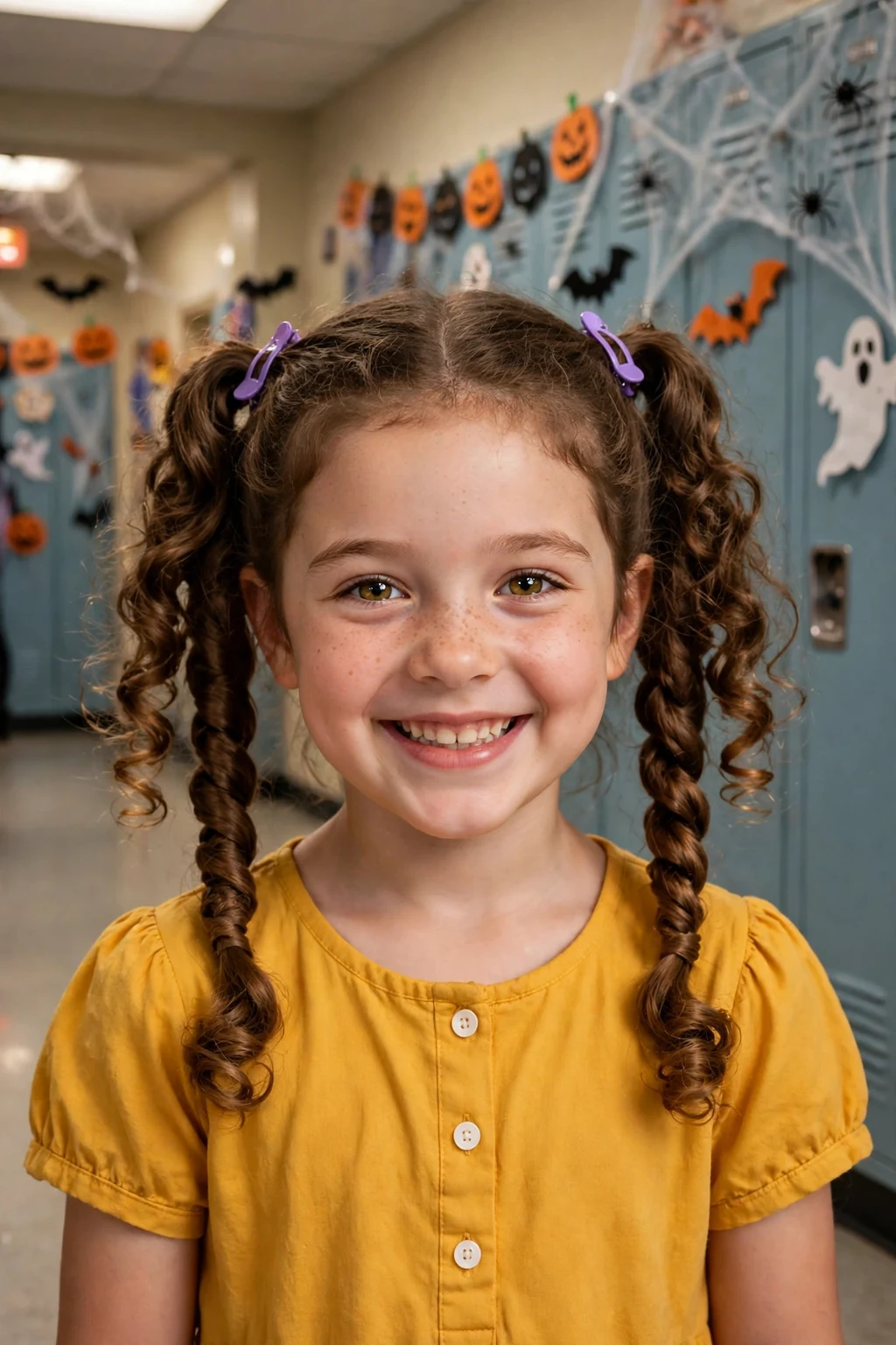 A girl with twisted rope pigtails and purple clips, in a school hallway with haunted house decorations.