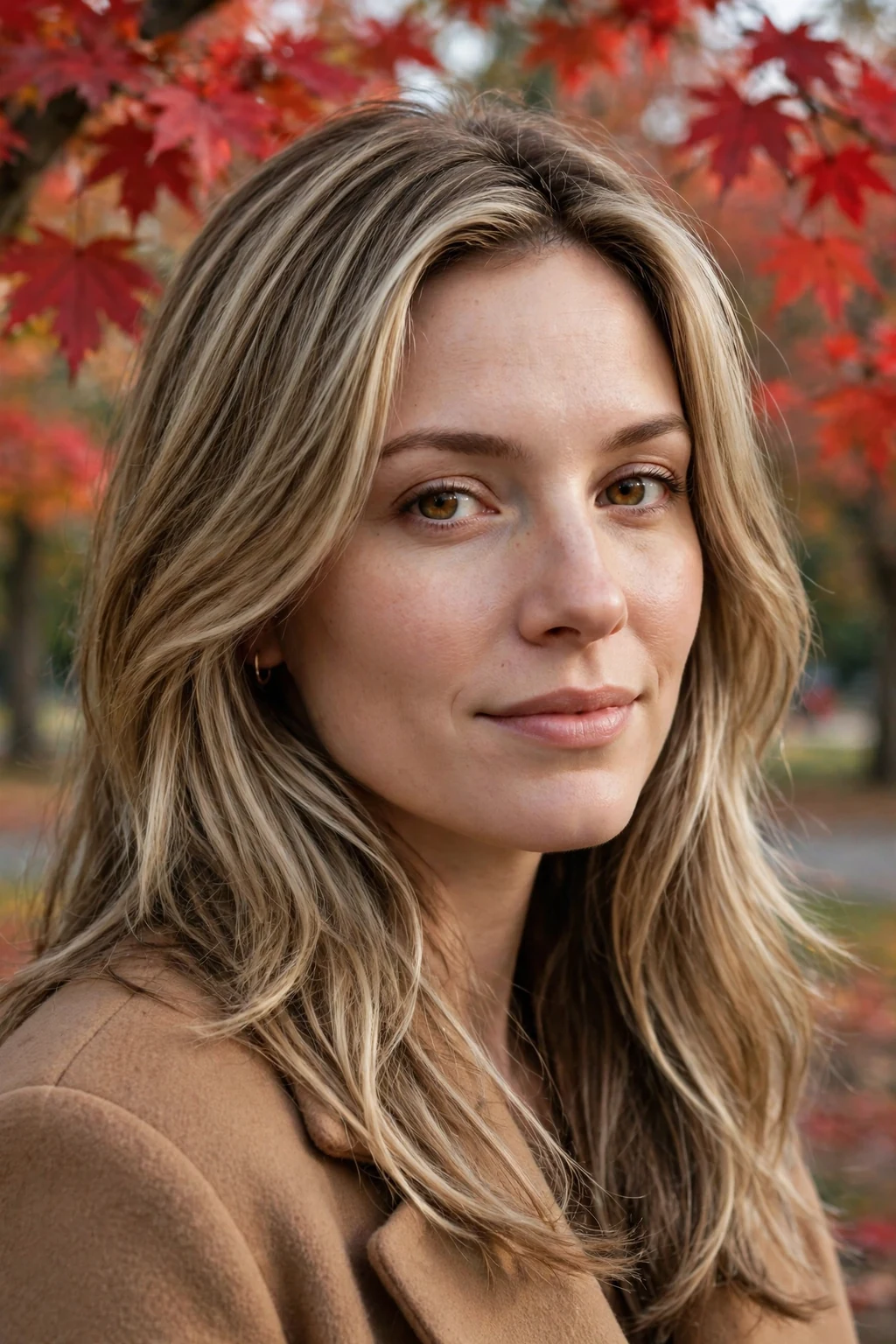 Young woman with hazelnut blonde blend hair in a long layered cut, wearing a camel coat in a park.