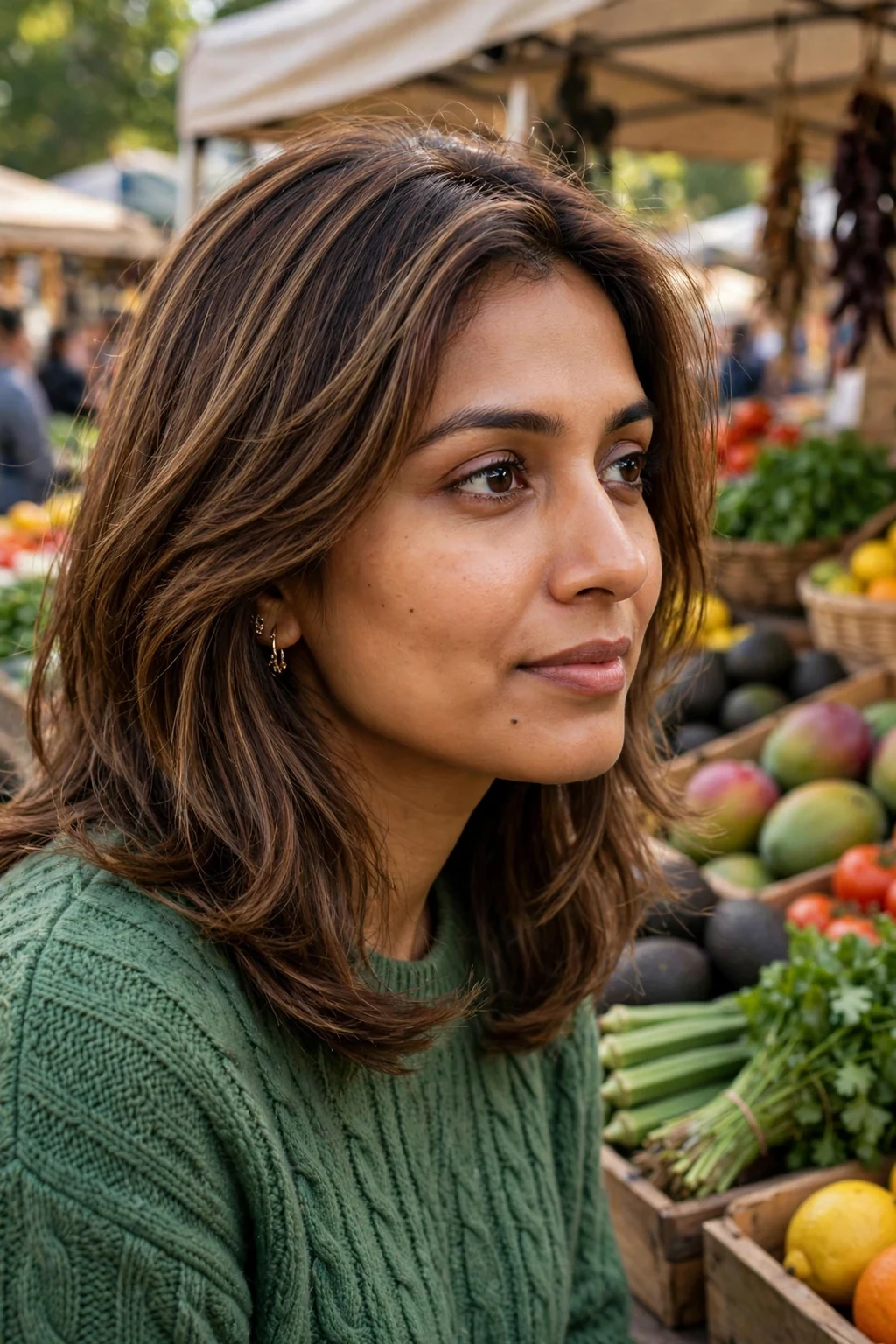 Young woman with hazelnut soft layers, browsing in a farmers market wearing a green sweater.