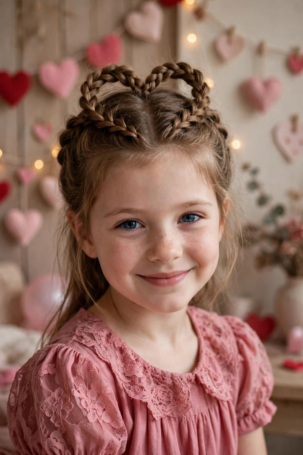 A young girl with a heart-shaped braid on the back of her head for Valentine's Day.
