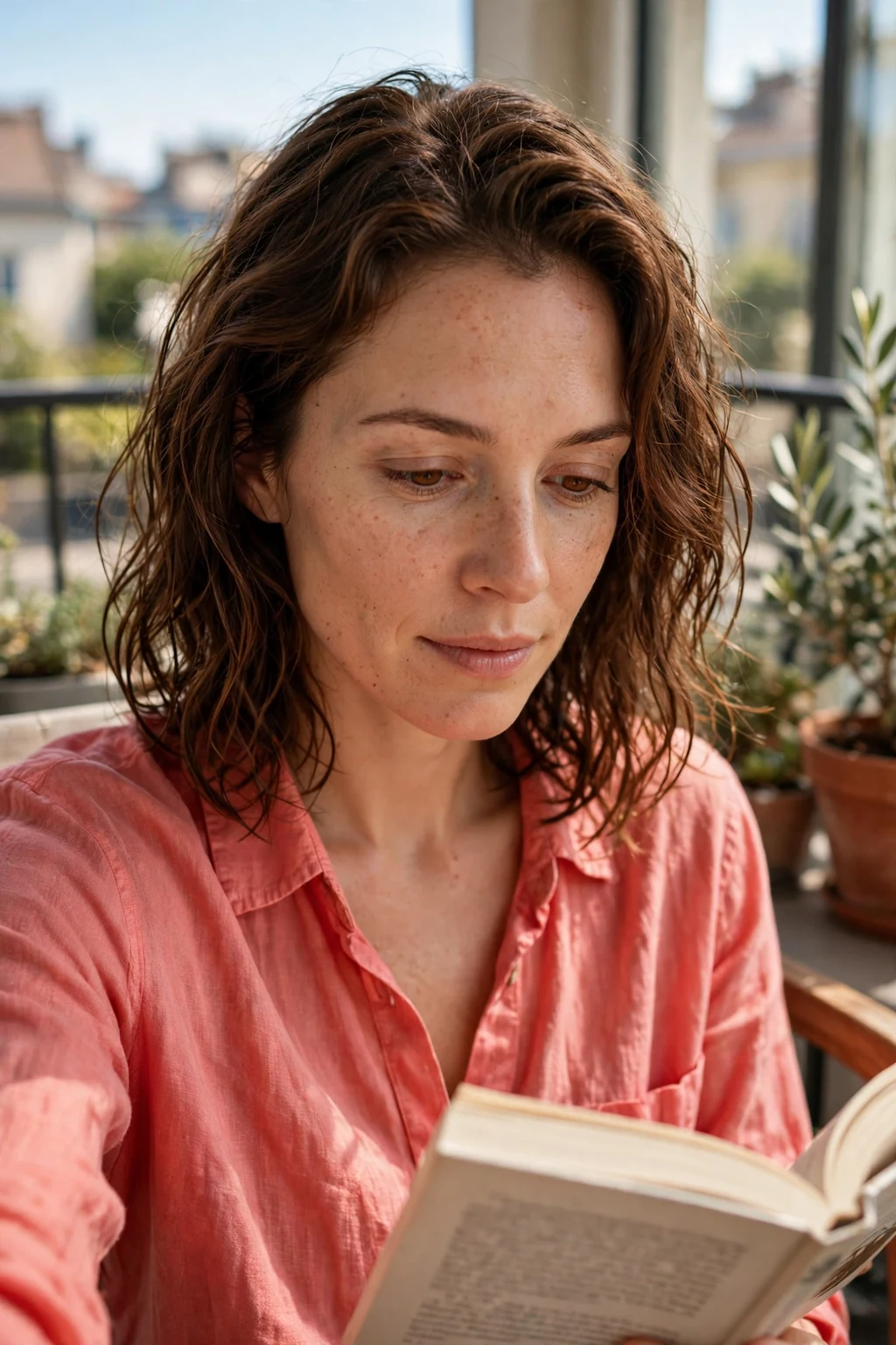 A young woman letting her naturally wavy hair air-dry while reading on a balcony.