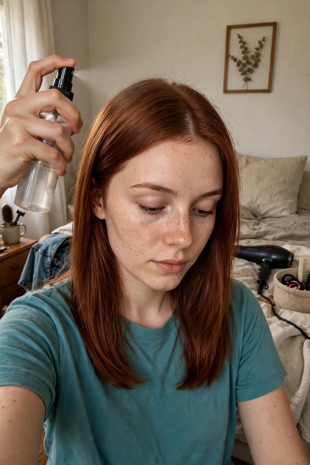 A young woman applying heat protectant spray to her straight hair before blow-drying at home.
