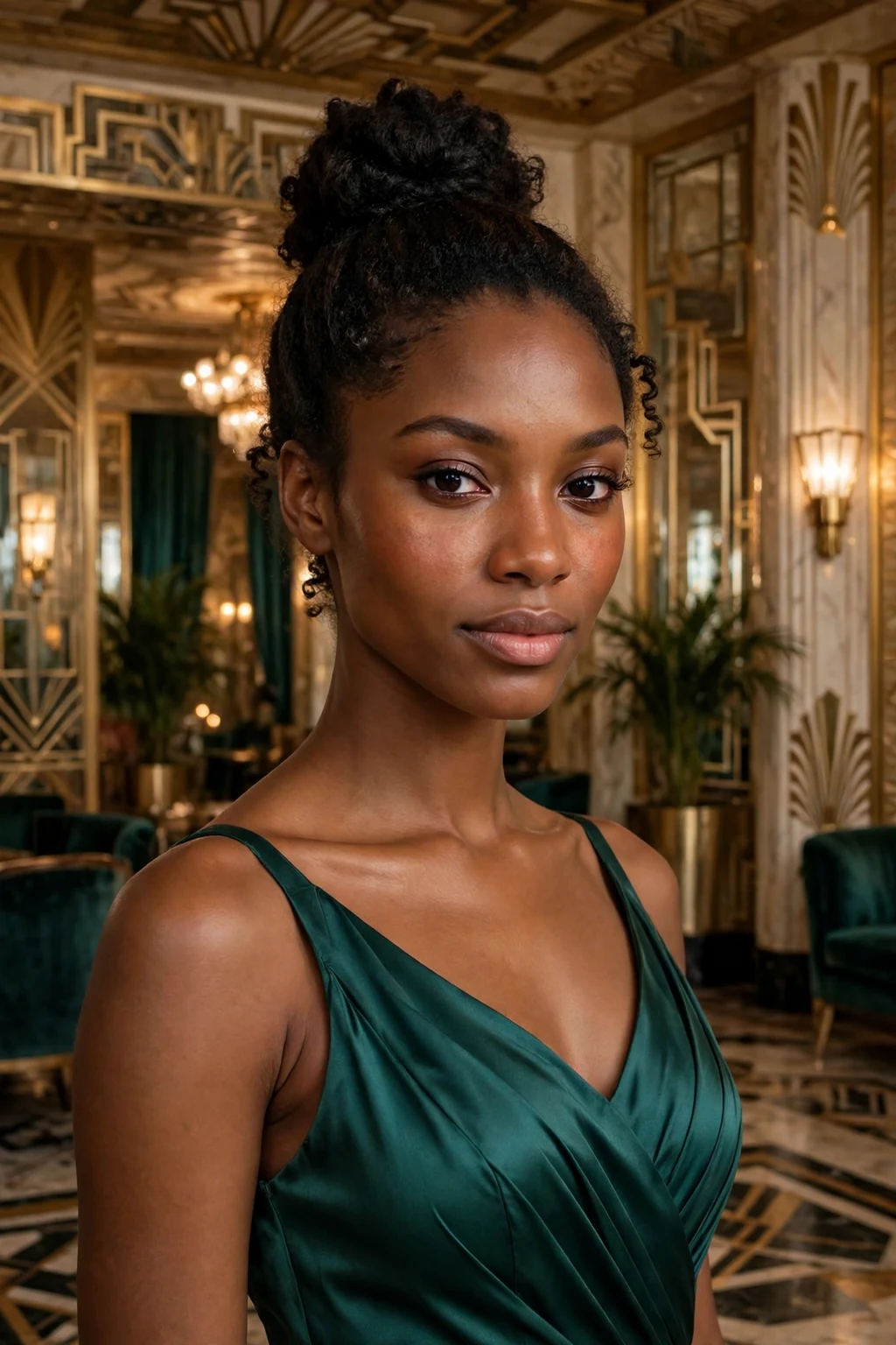 Young woman with a high ballet bun hairstyle at a wedding, wearing a emerald satin dress.