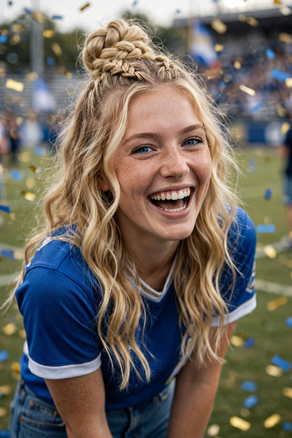 Young woman celebrating at a championship game in a team jersey with a high braided bun.