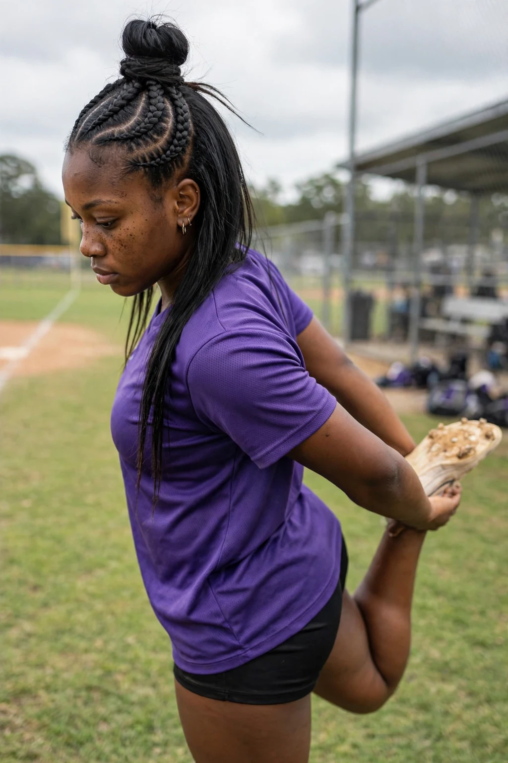 Young softball player with a high bun wrapped in a braid, stretching on the field.