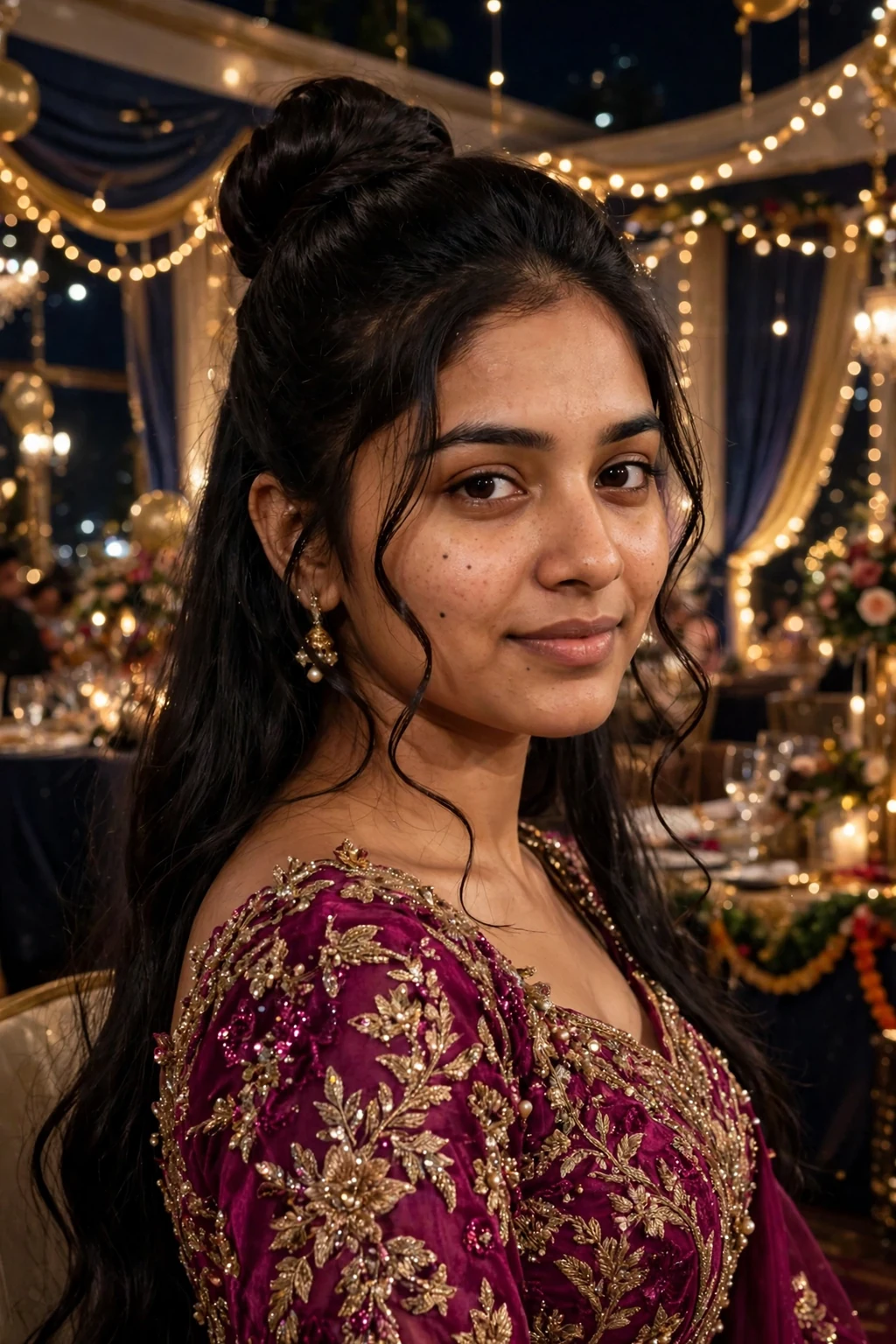 Young Indian woman with a high bun and face-framing tendrils wearing a magenta gown at a banquet hall.