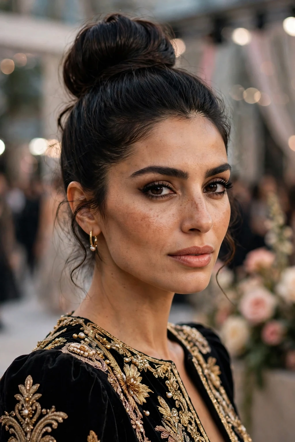 Beautiful woman with high bun updo, bold high bun, striking light.