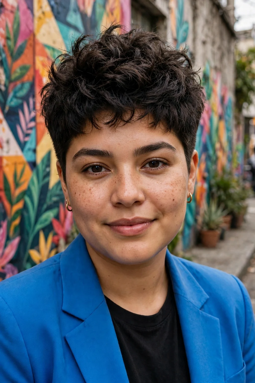 Young woman with a round face wearing a pixie cut with a high voluminous crown.