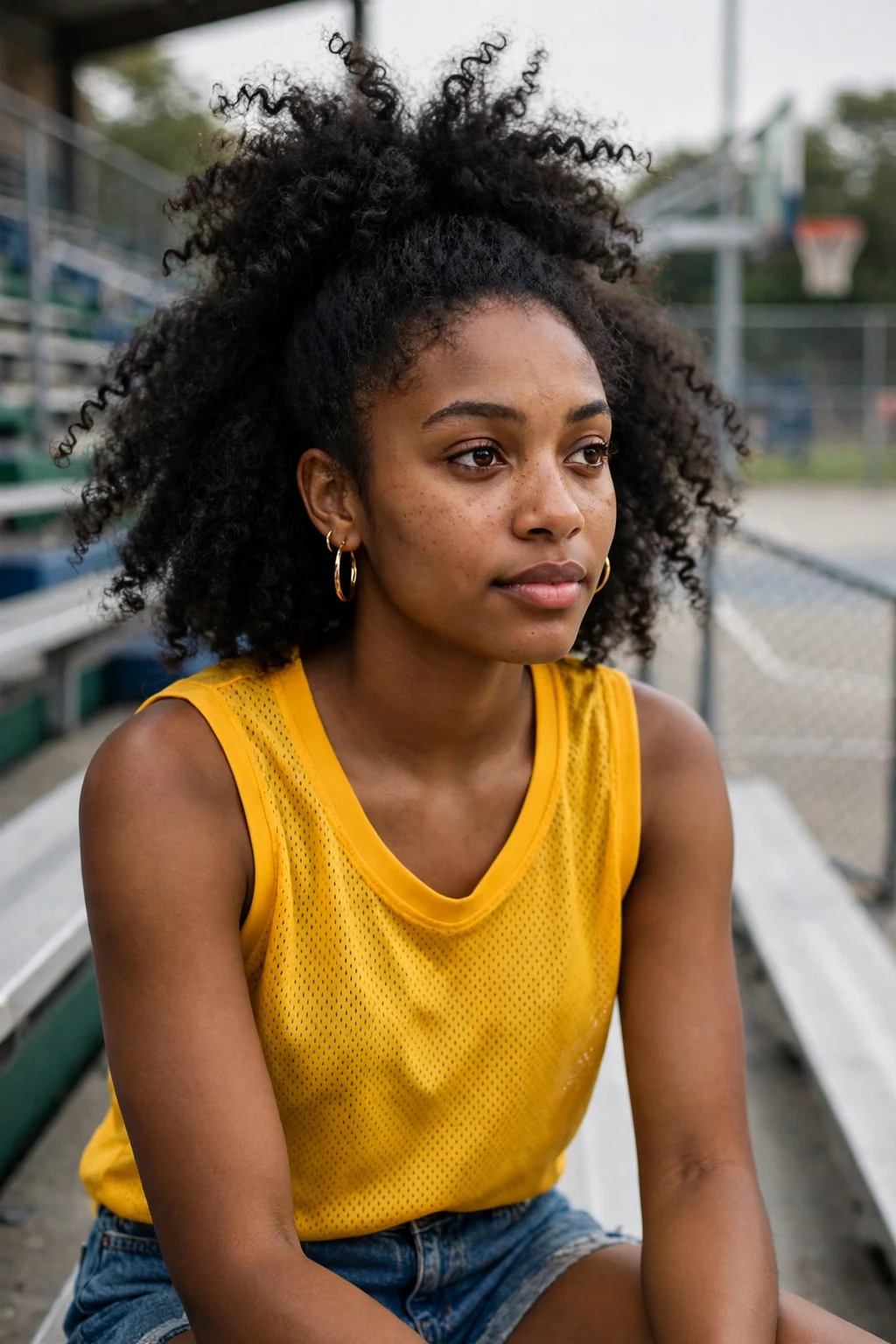 Young woman with natural curls at a basketball game wearing a team jersey and a high curly puff.