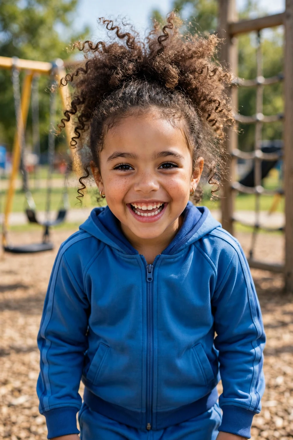 A energetic 6-year-old mixed-heritage girl with a high curly puff ponytail, wearing a blue tracksuit in a playground.