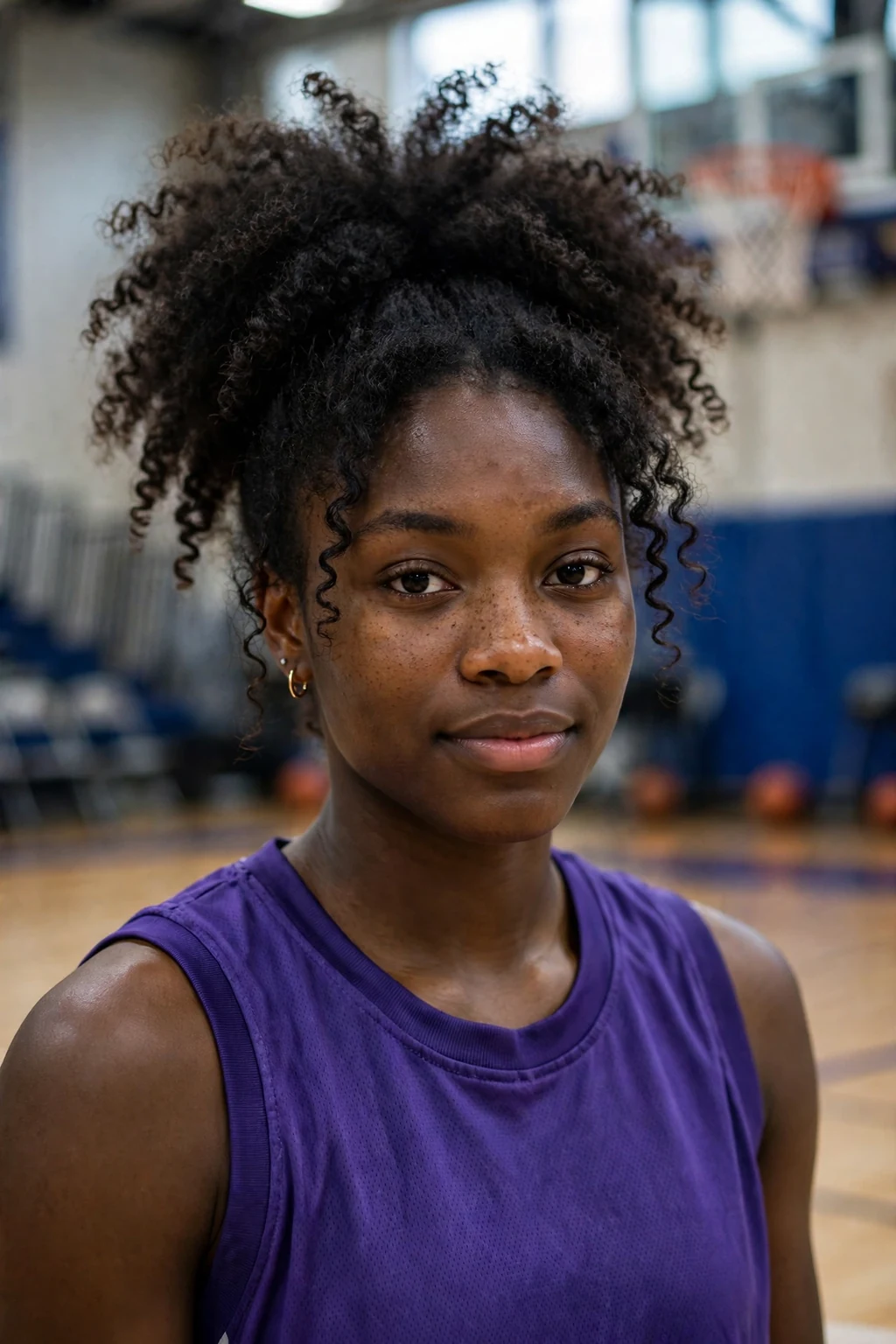 Young woman athlete with a high curly puff, wearing a purple jersey.