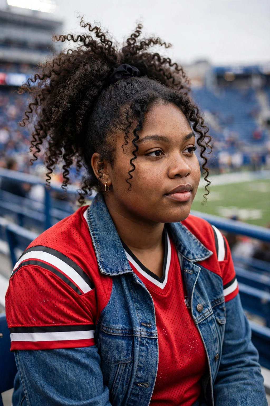 Young woman at a football stadium wearing a team jersey with a high voluminous ponytail.