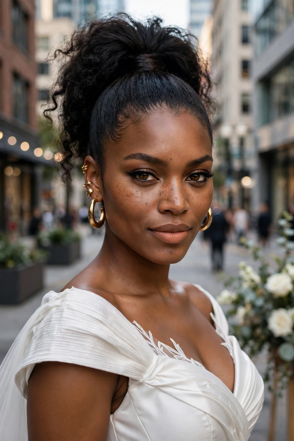 Beautiful bride with high ponytail, bold high ponytail, modern light.