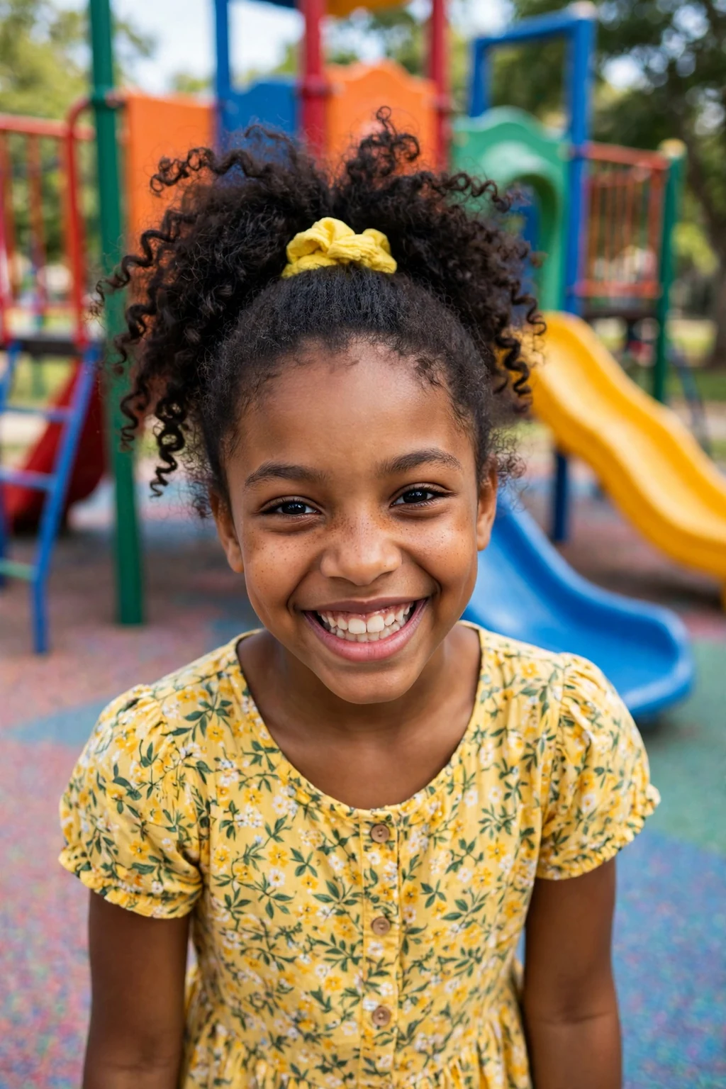 A happy young girl with a high ponytail and a colourful scrunchie, laughing on a playground.