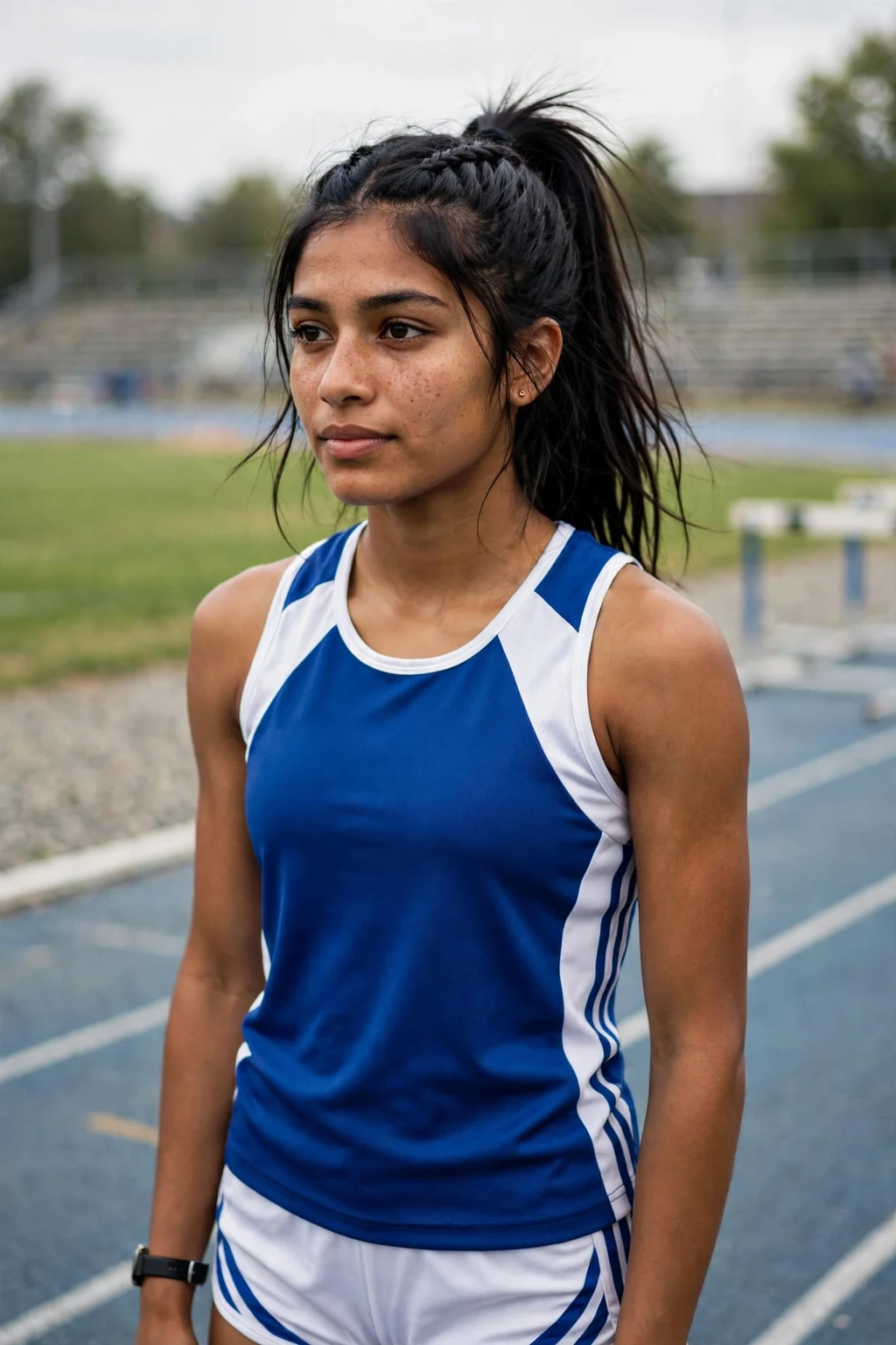 A young woman athlete with a high ponytail with a braided base on a track.