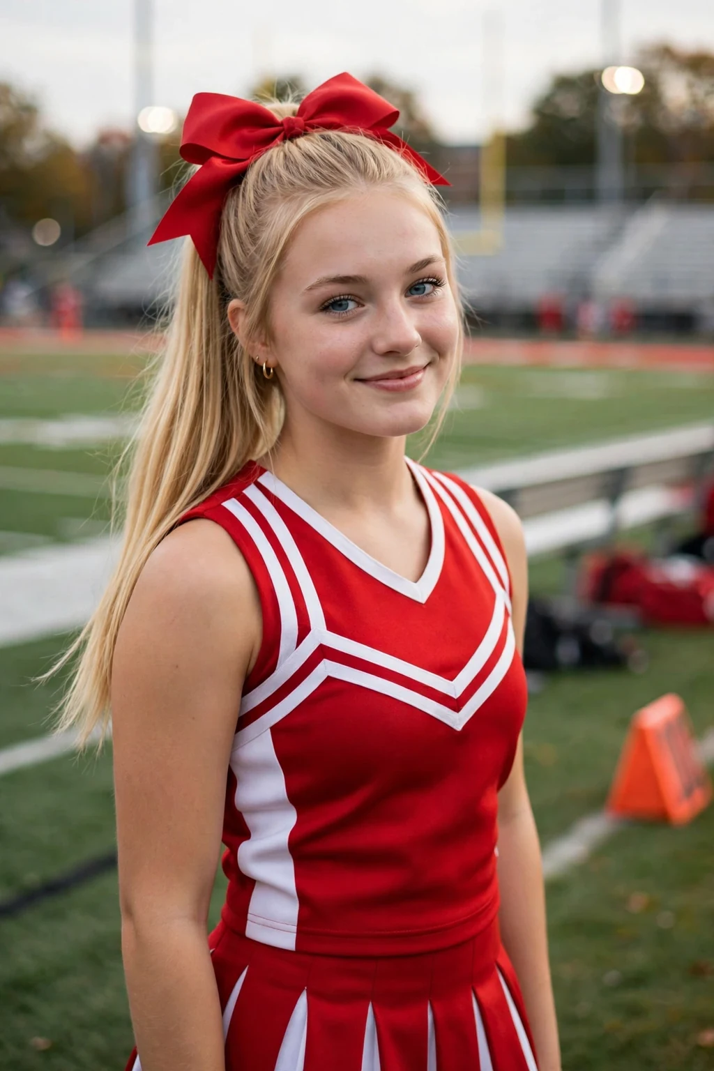 Young cheerleader with a high ponytail secured by a large red bow, standing on a football field sideline.