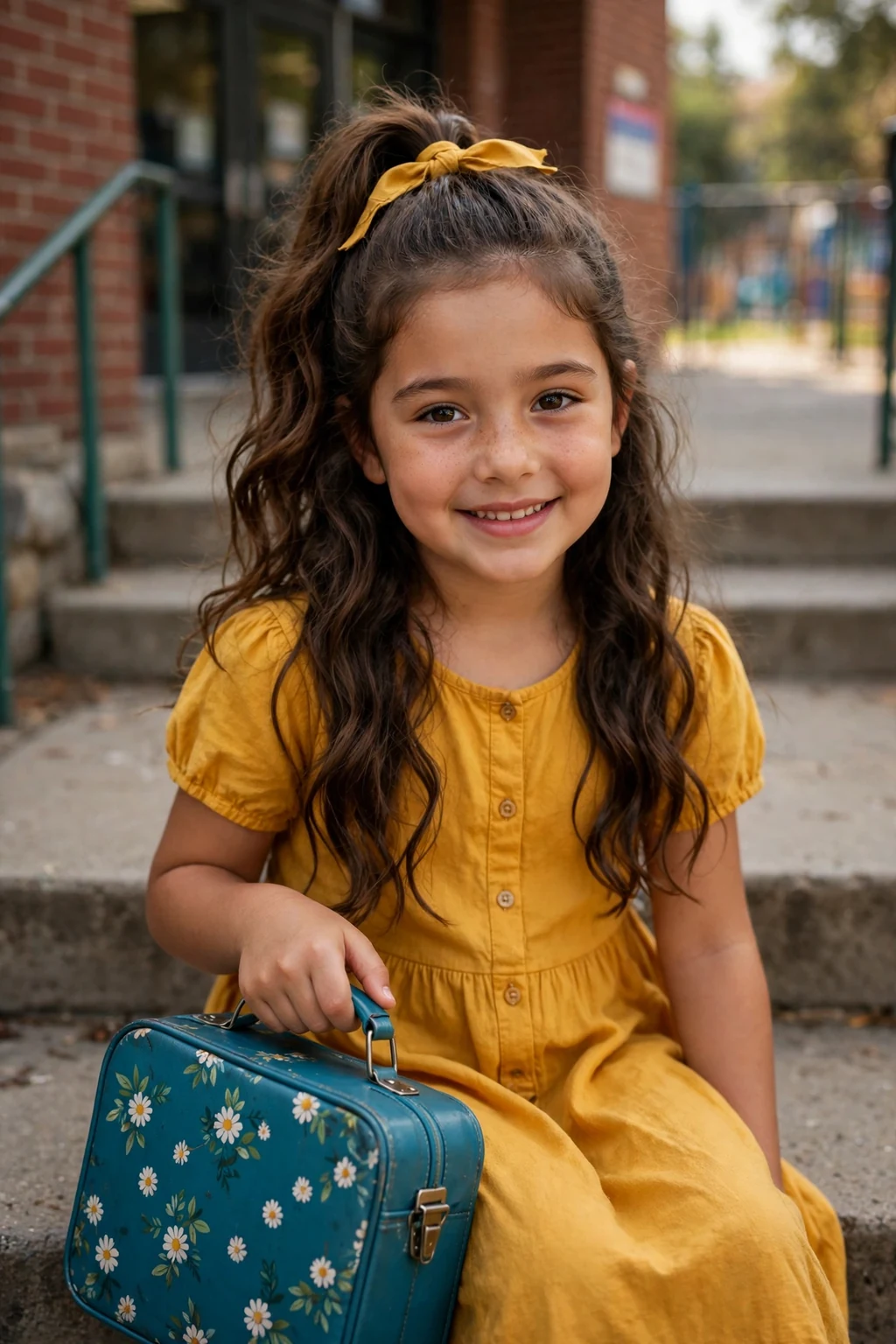 A schoolgirl with a high ponytail tied with a satin ribbon on school steps.