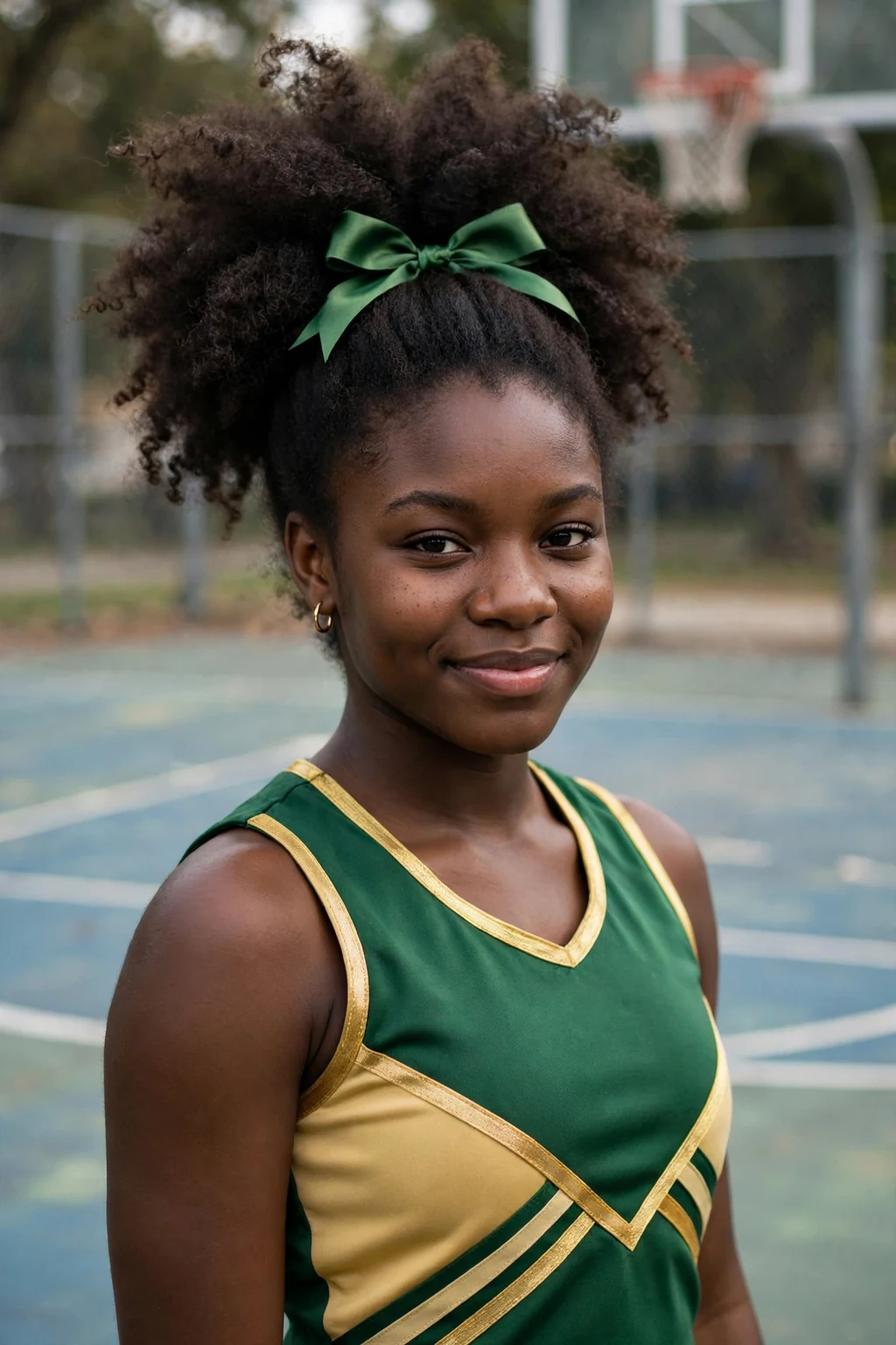 Young cheerleader with a high puff ponytail and a green bow, on a basketball court sideline.