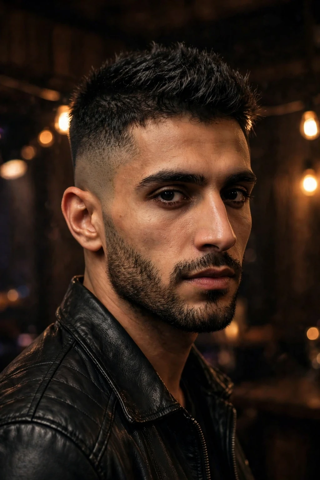 A man with a high skin fade wearing a black leather jacket in a music venue.