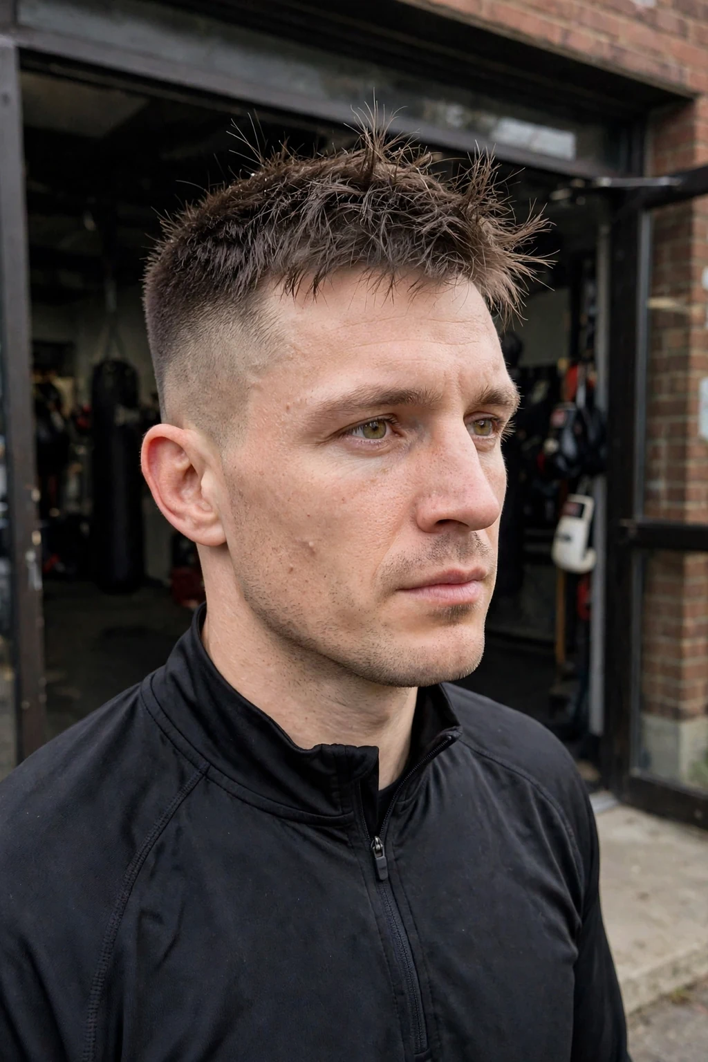 Man with a high and tight cut and thick top, standing outside a boxing gym in a black training top.