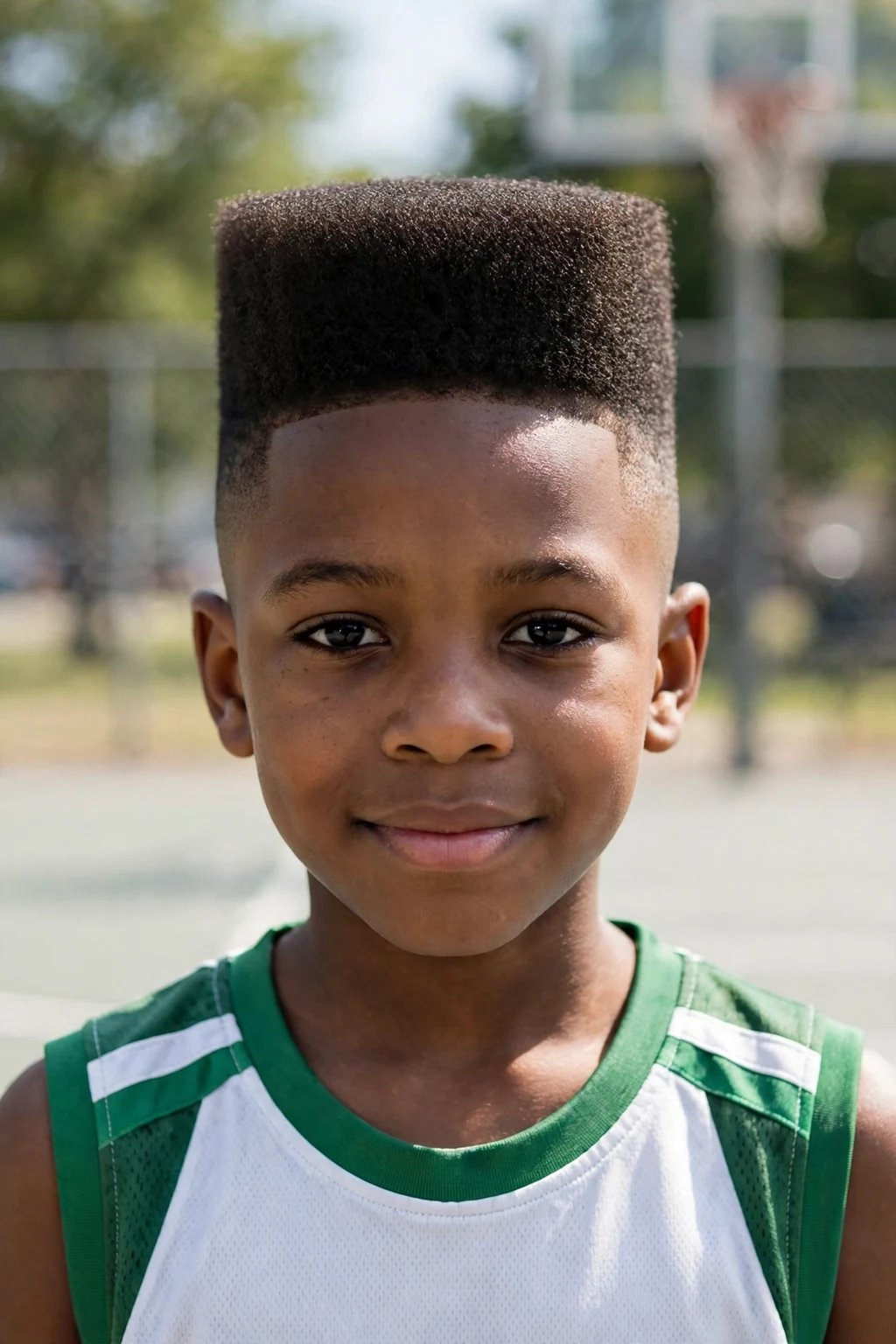 A boy with a high top fade haircut, a flat-topped tall shape with faded sides, on a basketball court wearing a white and green jersey.