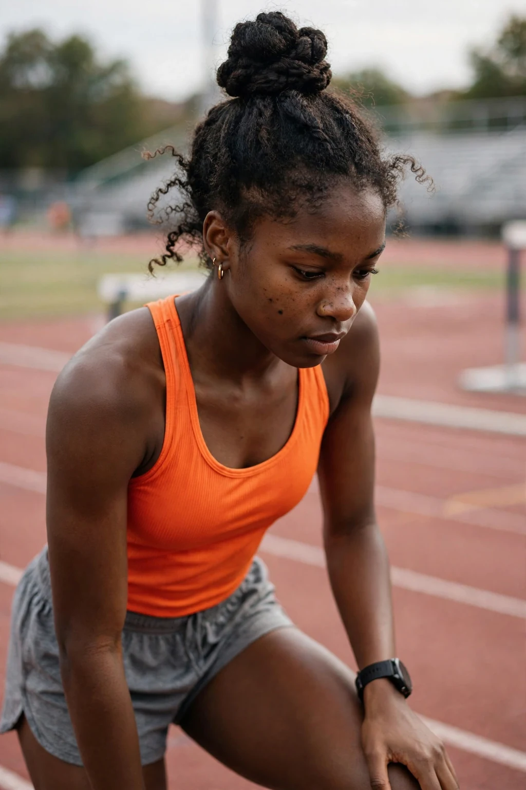 A young woman athlete with a high top knot on a running track.