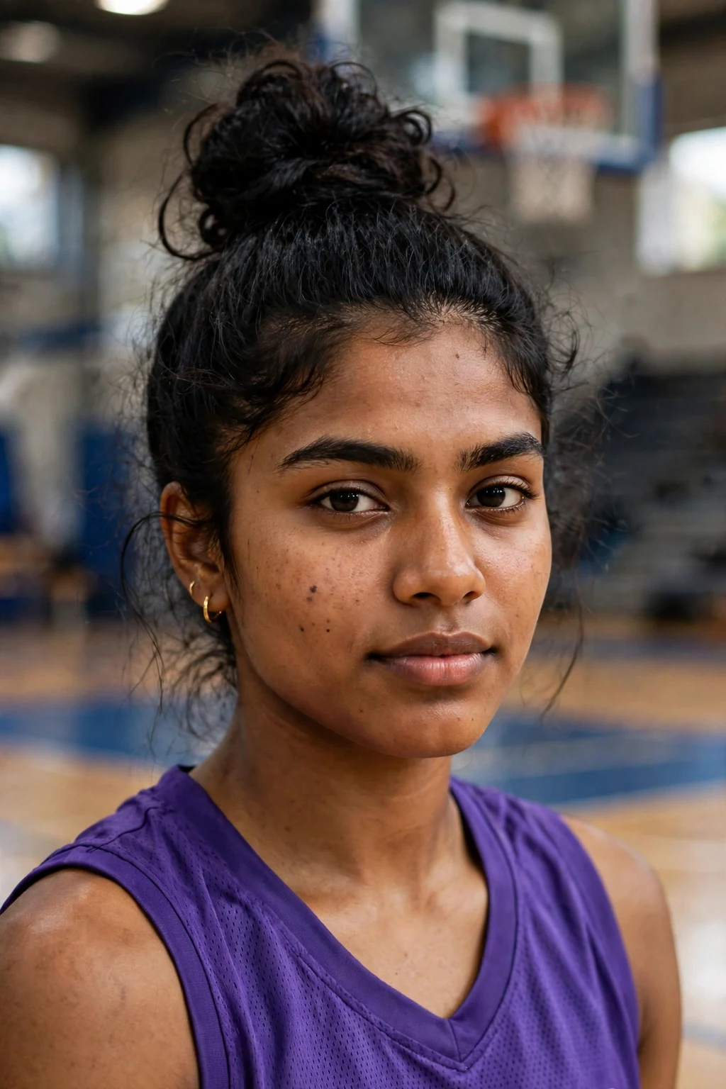 Young woman athlete with a high top knot on a basketball court, wearing a purple jersey.