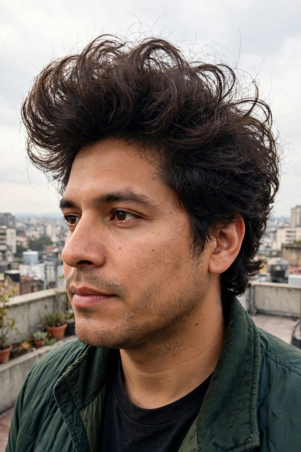 Man with a high-volume blowout for thick hair, standing on a city rooftop terrace in a dark green jacket.
