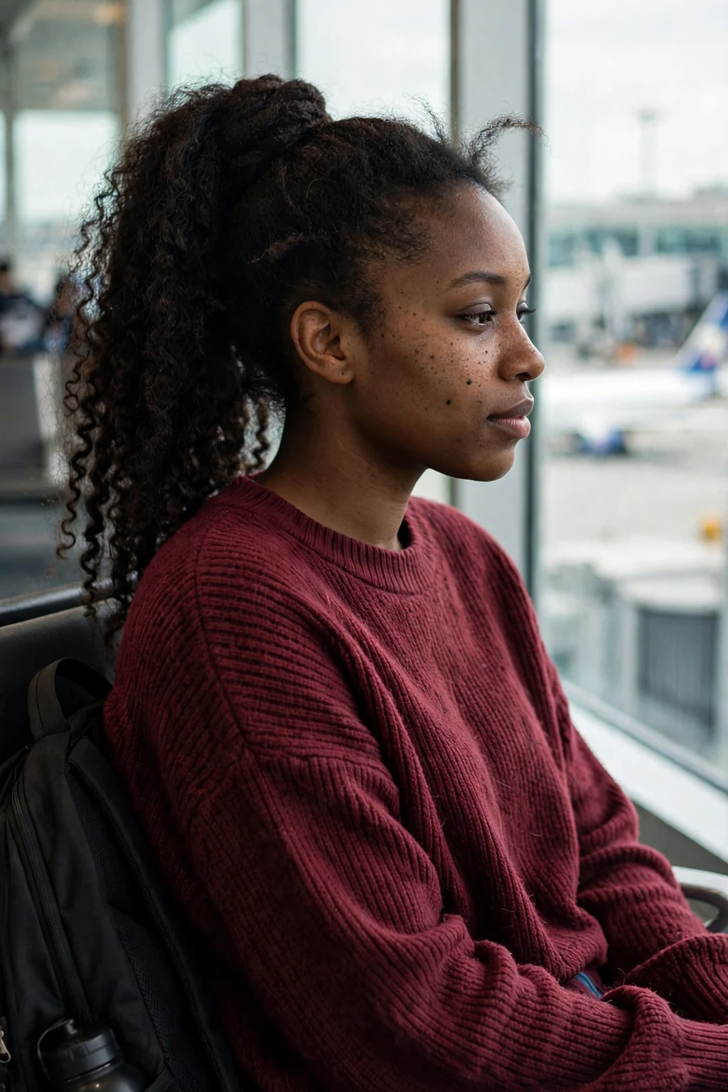 Young Black woman with a high wrapped ponytail hairstyle sitting at an airport gate, wearing a burgundy sweater.