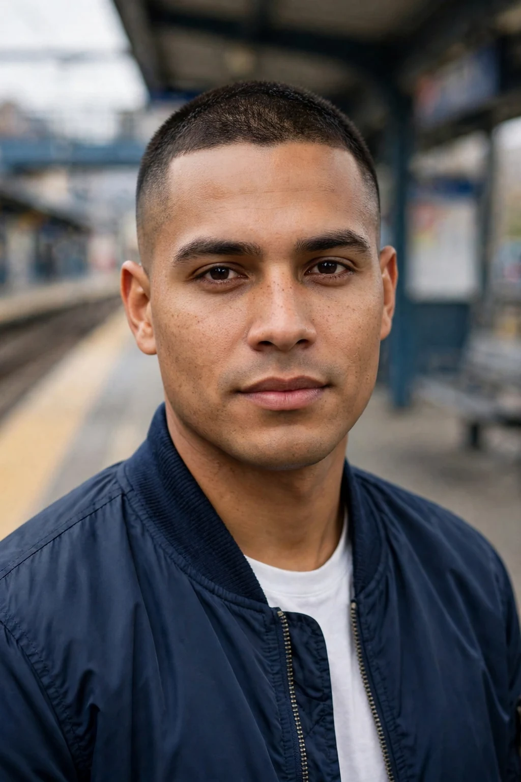 A man with a high and tight haircut wearing a navy bomber jacket at a train station.