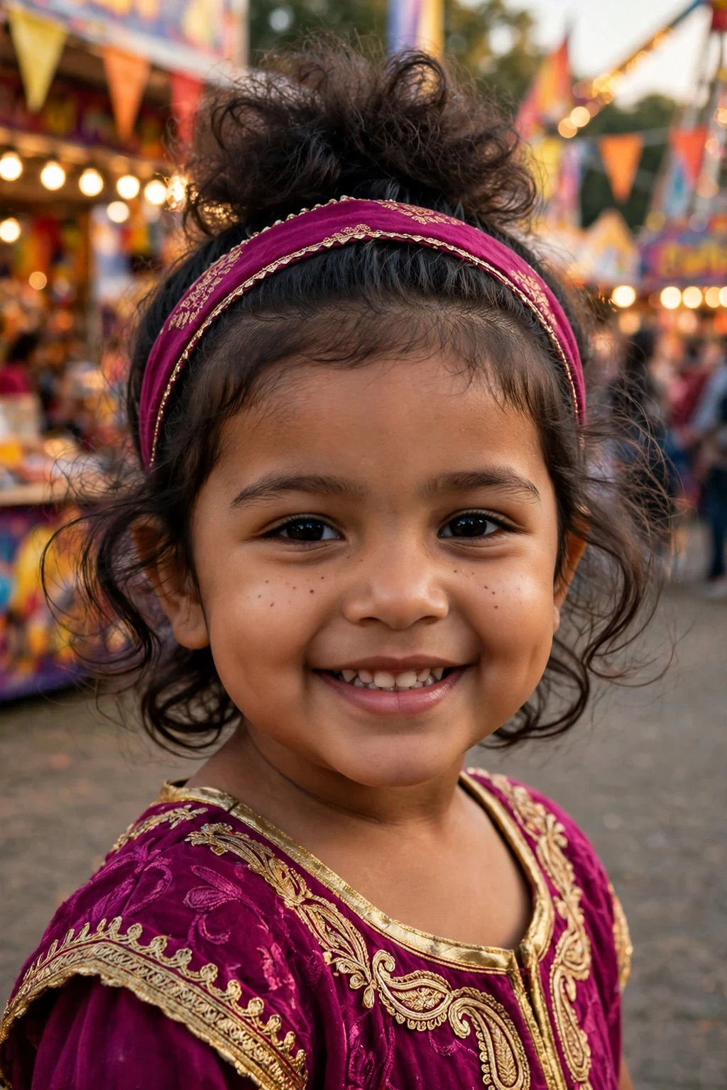 A toddler girl with high puff with headband hairstyle, wearing magenta dress with gold trim, in festival fairground.