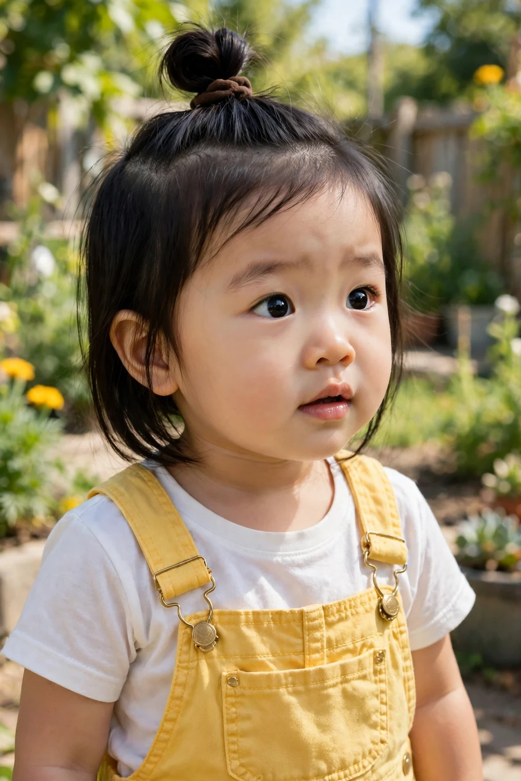 A toddler girl with high top knot hairstyle, wearing yellow overalls over a white tee, in sunny backyard garden.