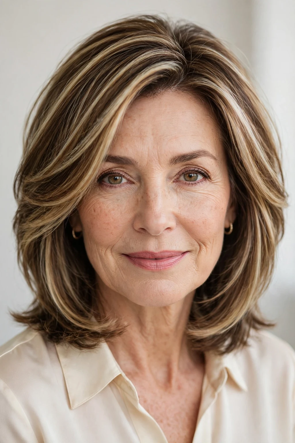 Elegant older woman with highlighted shoulder cut, dimensional radiant color, luminous light.