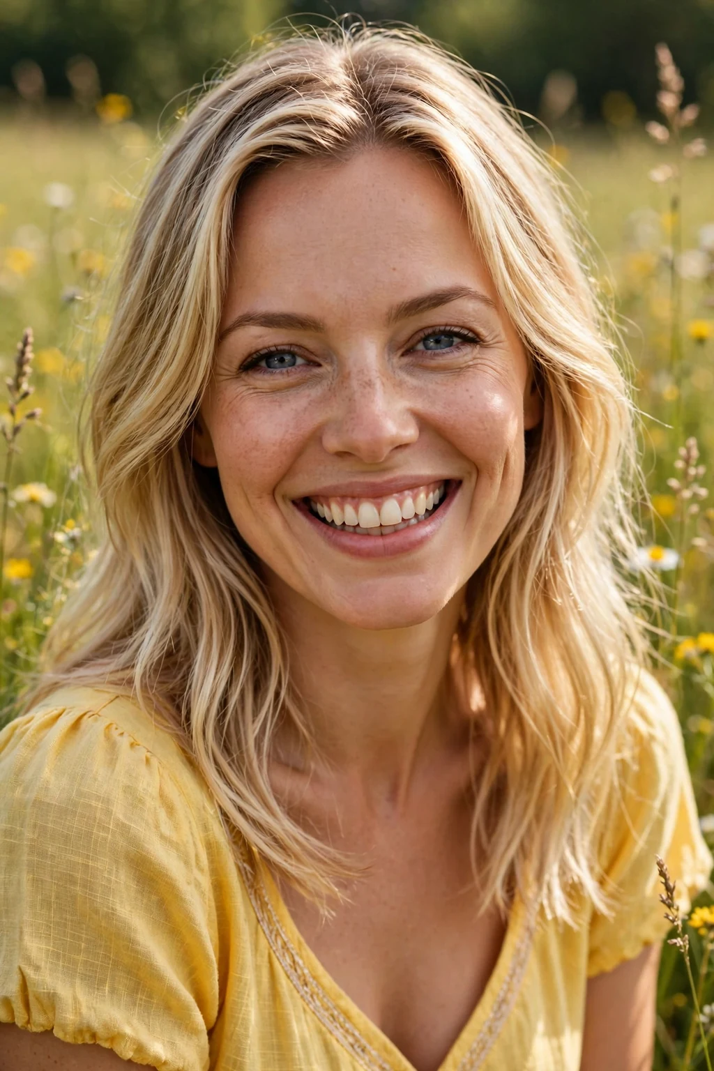 Beautiful woman with highlights to full blonde transformation, subtle highlights to full, luminous light.