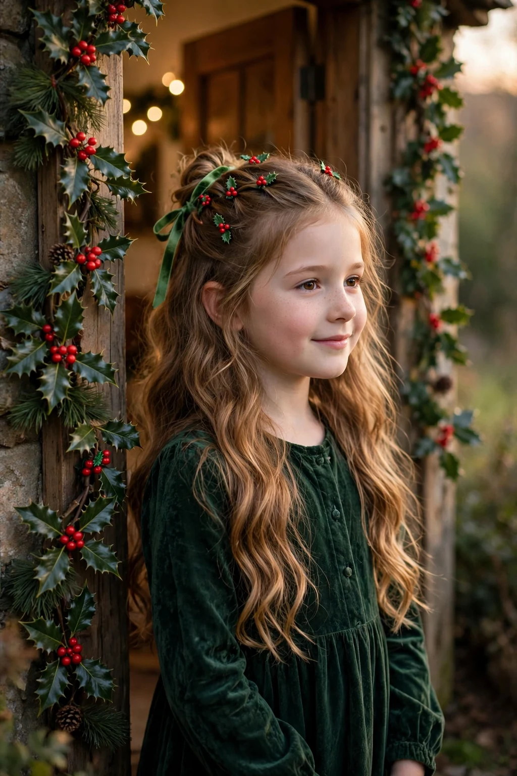 A young girl with a holly berry half-up hairstyle with green ribbon and red berry clips.