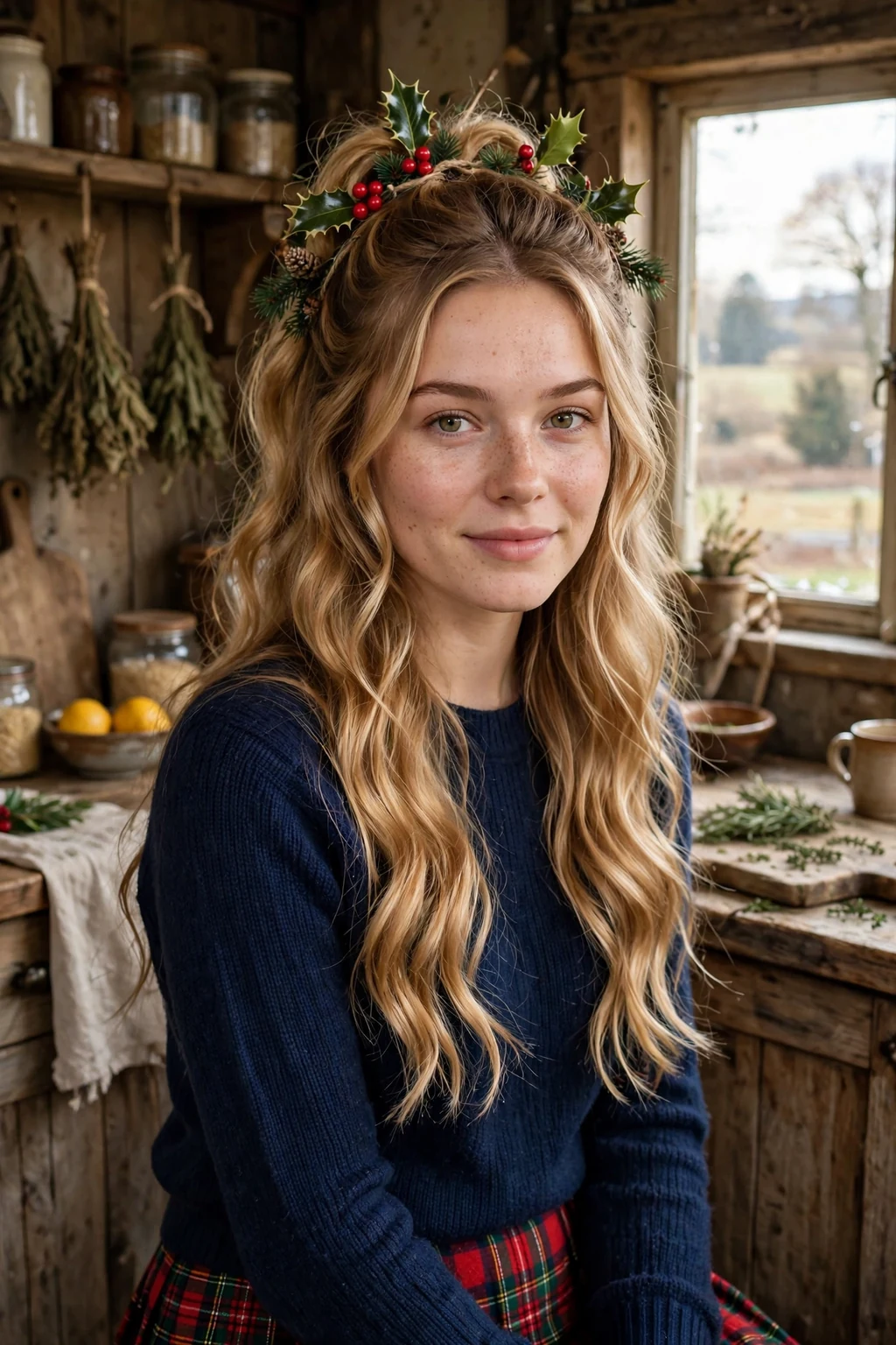 Young woman with holly berry half-up hairstyle, festive holiday look.