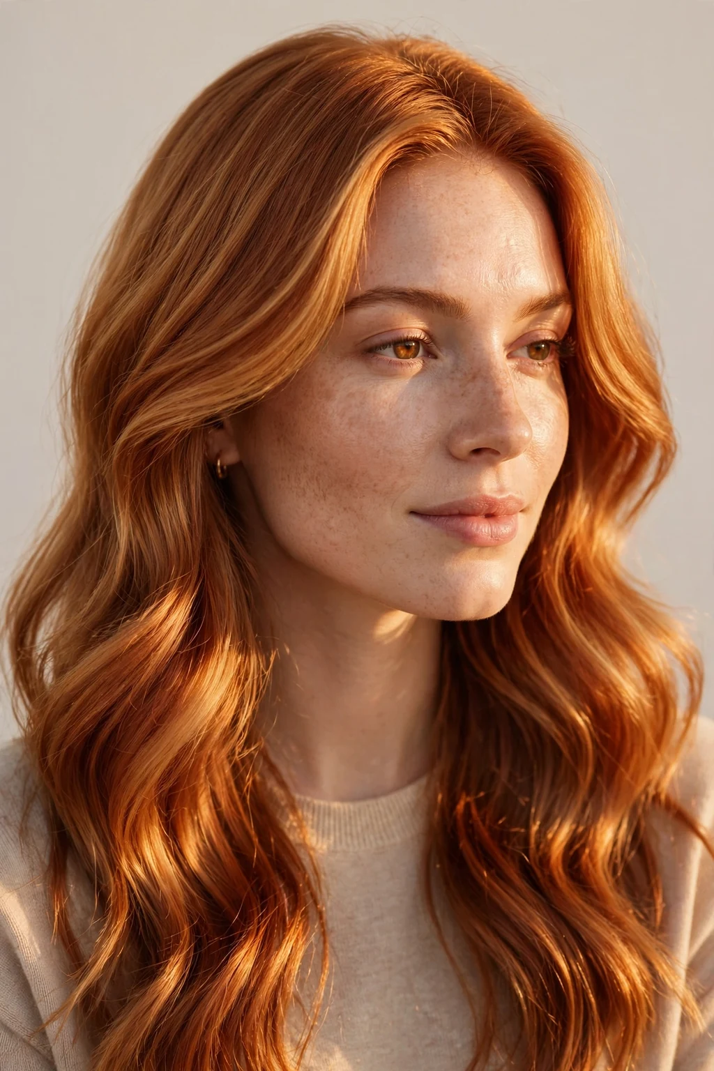 Woman with honey auburn melt, seamless golden-red blend, warm glowing light.