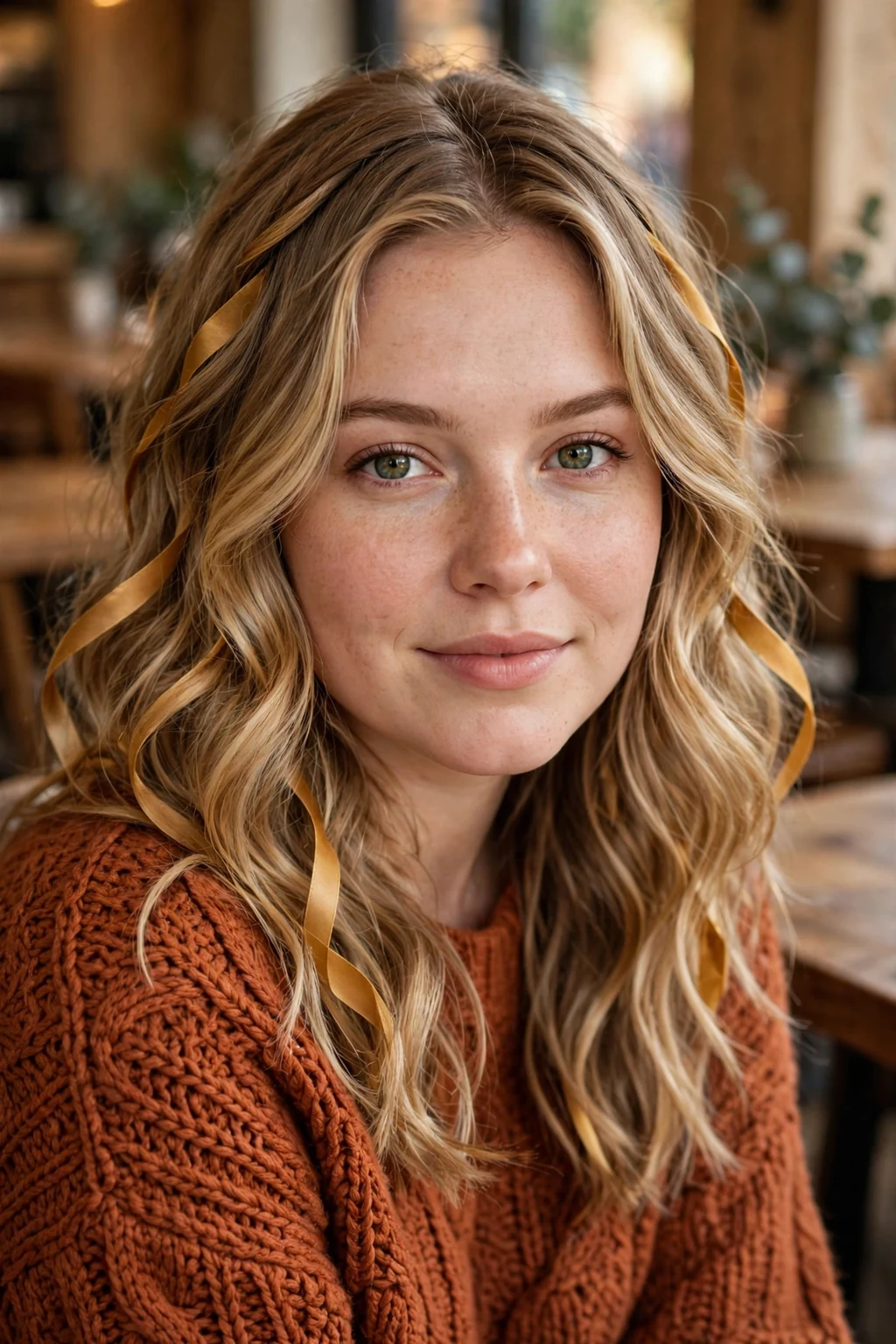 Young woman with honey blonde balayage hair in soft waves, wearing a rust sweater in a cozy cafe.