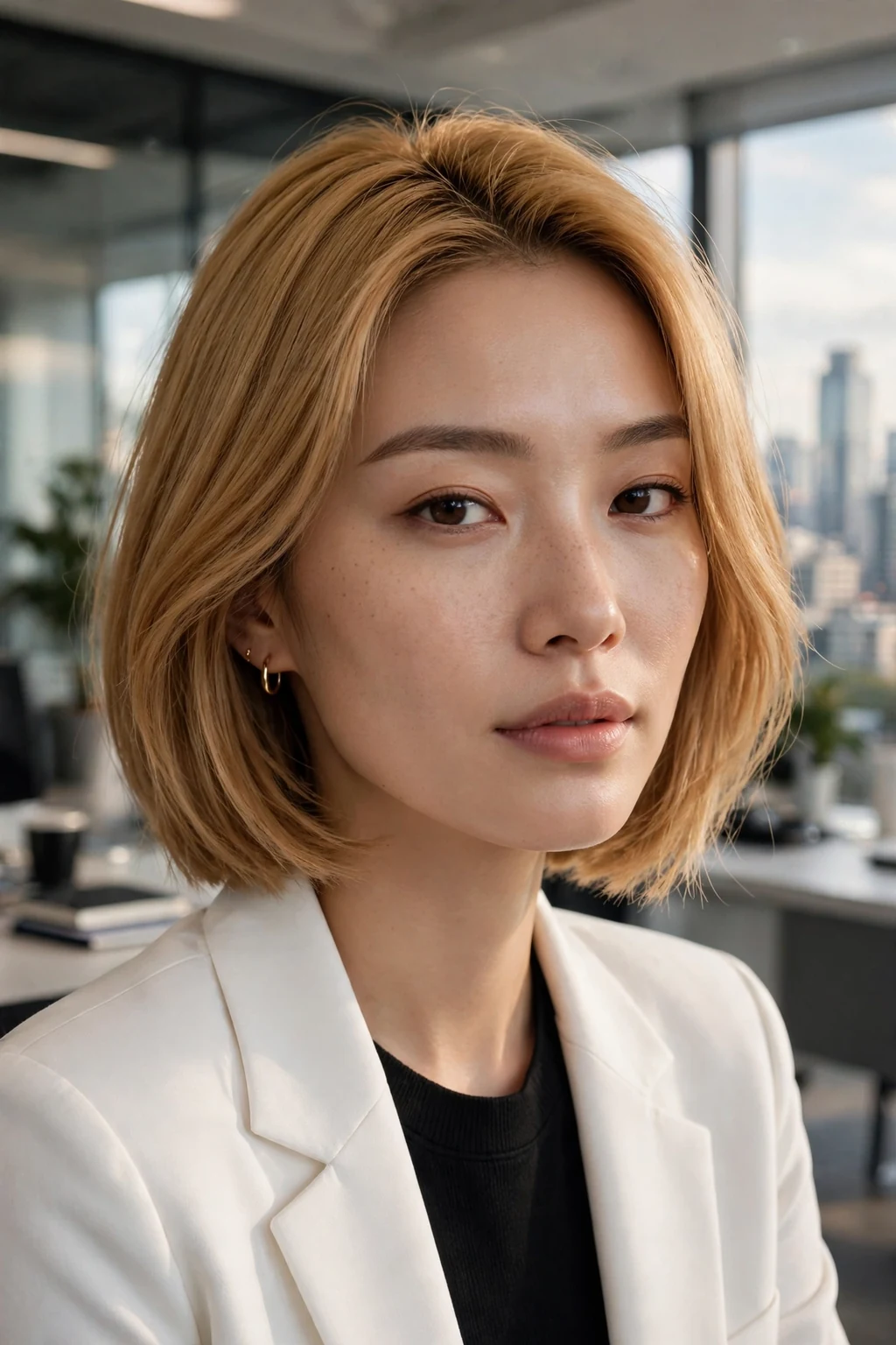 Beautiful woman with honey blonde bob hair color, warm honey golden bob, fresh light.