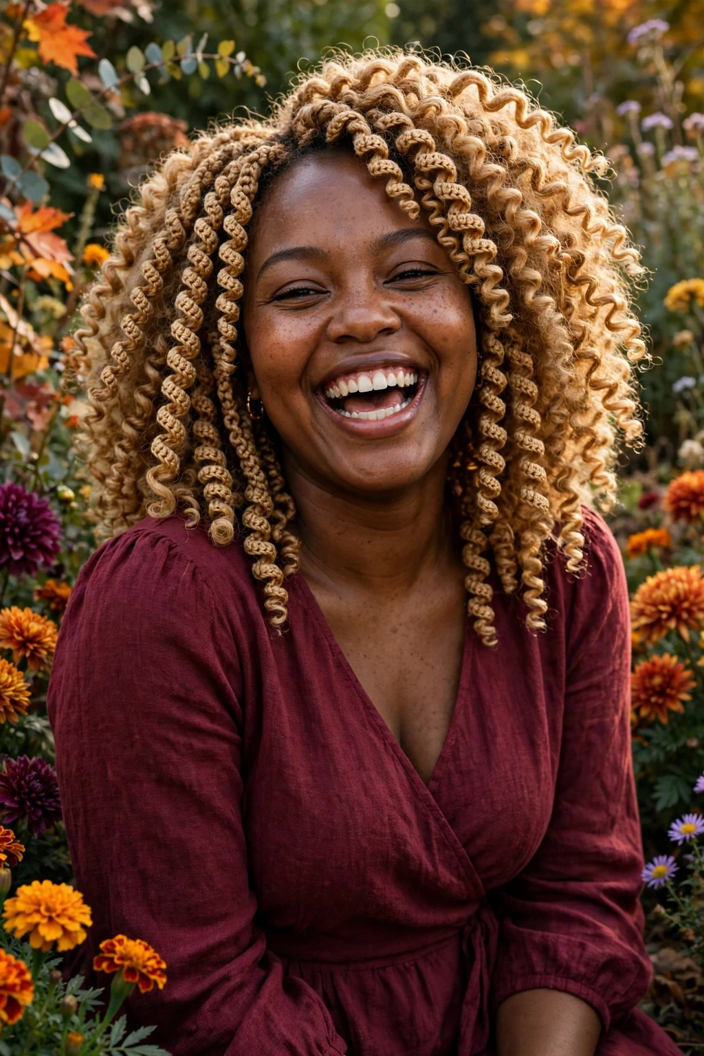 Young Black woman with honey-blonde crochet curls, wearing a burgundy dress, in a garden with autumn flowers.