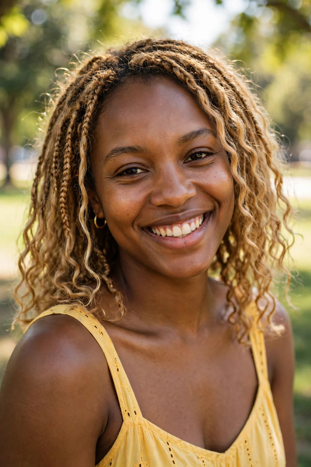 Beautiful woman with low-maintenance honey blonde, warm honey tones easy grow-out, warm light.
