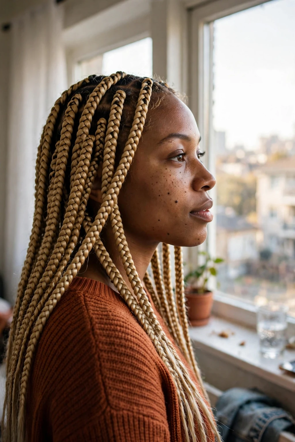 Young Black woman with honey blonde knotless box braids, photographed in a sunlit apartment by a window wearing a rust knit top.