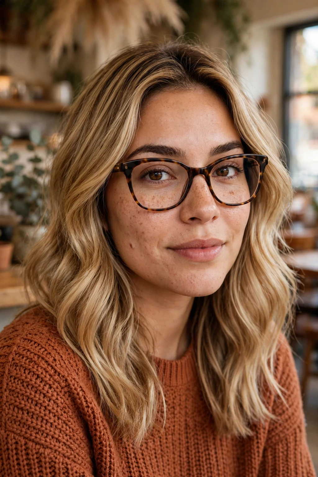 Young woman in her late 20s with a honey blonde lob wearing tortoiseshell cat-eye glasses.