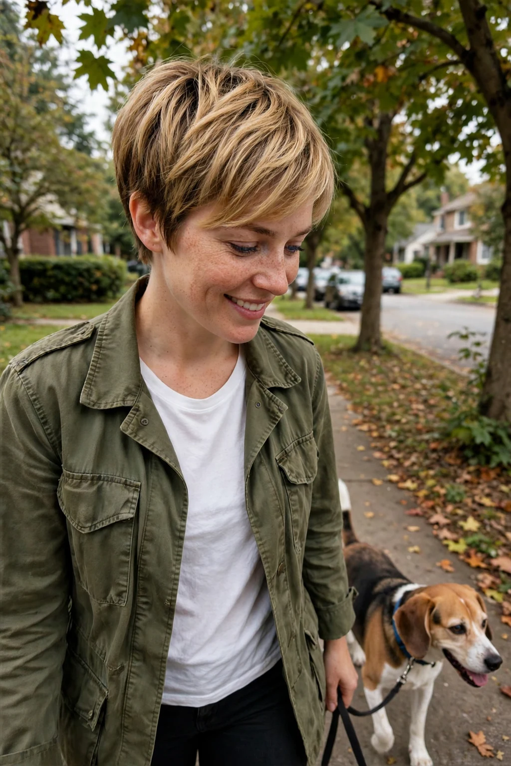 A young woman with a honey-blonde pixie haircut, warm honey blonde textured layers with darker roots.